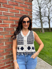 Navy Crochet Fringe Waistcoat Jan