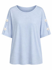Blue Applique Floral Crepe Top Astra
