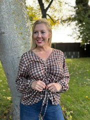 Chocolate Checked Drawstring Top Miranda