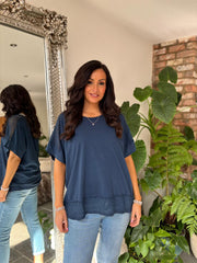 Navy Mesh Trim Short Sleeve Top Riley
