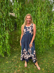 Navy Pleated Floral Stripe Dress Leona