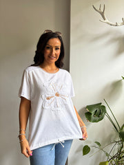 White Textured Sequin Flower Tee Fiona