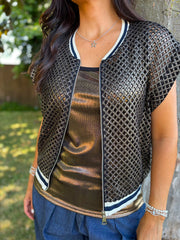 Black & Gold Crochet Net Sleeveless Jacket Sharon