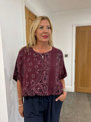 Wine Paisley Bubble Cotton Bubble Hem Top Rita