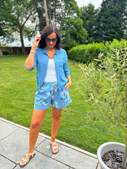 Denim Floral Print Shorts