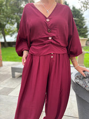 Wine Ruched Pebble Button Top Kate