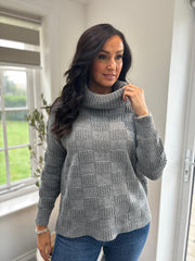 Grey Roll Neck Checkered Knit Rachel