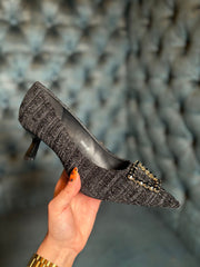 Black Textured Gem Kitten Heels