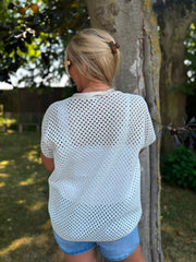 White Gold Trim Open Knit Top Karen