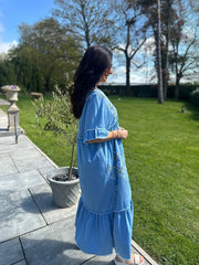 Denim Embroidered Kimono Maxi Dress Flora