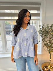 Denim Embroidered Floral Stripe Blouse Rio