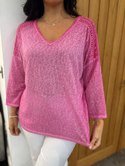 Lipstick Marl Crochet Detail Top Cora