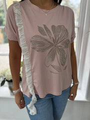 Pink Diamante Floral Lace Trim Tee Aria