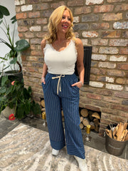Dark Denim Striped Wide Leg Pull on Trousers