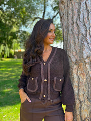 Chocolate Boucle Braid Knit Cardi Florence