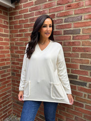 Antique Cream Fringed Pocket Knit Ruth