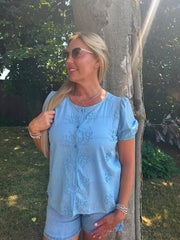 Blue Applique Flower Top Marcia