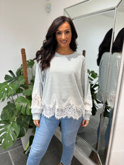 Light Blue Striped Lace Hem Top Adelaide