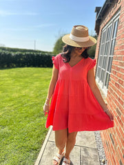 Coral Frill Sleeve Bubble Cotton Dress Alison