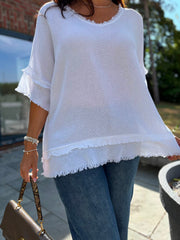 White Frayed Detail V Neck Top River