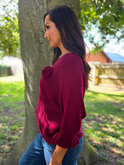 Wine Applique Ruffle Sleeve Knit Crystal