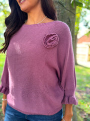 Mauve Applique Ruffle Sleeve Knit Crystal