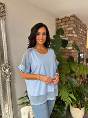 Blue Mesh Trim Short Sleeve Top Riley