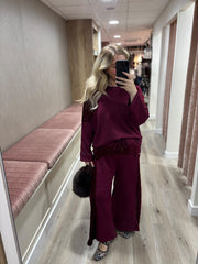 Wine Cropped Sequin Panel Wide Leg Trousers