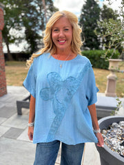 Light Denim Embroidered Floral Top Frankie