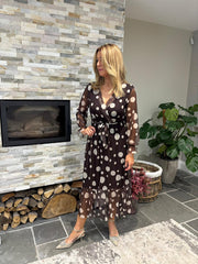 Chocolate Polka Dot Belted Mesh Dress Alana