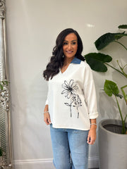 Winter White Collared Flower Sweatshirt Angel