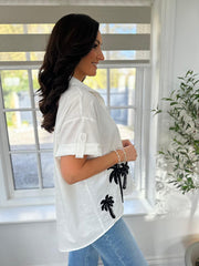 White Tropical Palm Embroidered Blouse Anya