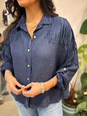Navy Fringed Button Sleeve Shirt Tanya