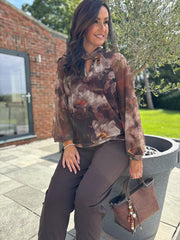 Chocolate Flower Pattern Mesh Top Louise