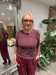 Wine Polka Dot Mesh Top Sofia