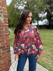 Wine Abstract Floral Blouse Gina