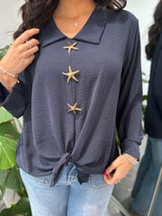Navy Brooch Tie Front Blouse Megan