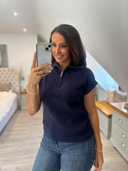 Navy Collared Short Sleeve Knit Annie