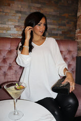 Winter White Diamante V Neck Top Selina