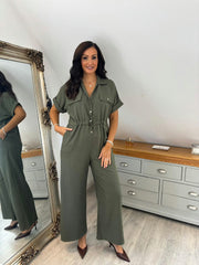 Khaki Wide Leg Collared Jumpsuit Carrie