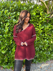 Wine Blanket Stitch V Neck Jumper Jenny