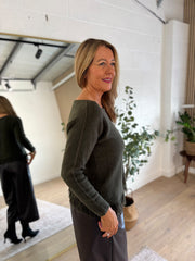 Khaki Long Sleeve Fringed Knit Amara
