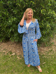 Royal Blue Geometric Tie Front Trouser Set Peyton