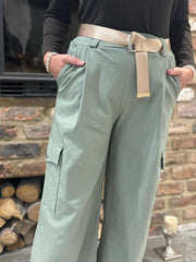 Sage Wide Leg Pull On Cargo Trousers
