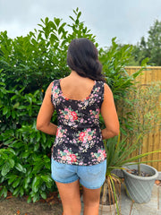 Black Vintage Floral Ruffle Vest Yasmin