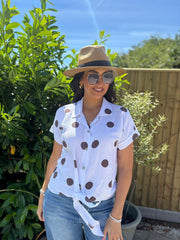 White Polka Dot Tie Front Blouse Tiana