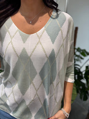 Sage V Neck Argyle Print Top Izzy