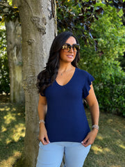 Navy Ruffle Sleeve Knit Top Hannah