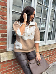 Camel Luxury Collared Floral Knit Eve