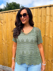 Khaki Crochet Knit Top Selina